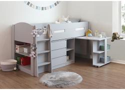 Grey Billy Kids Mid Sleeper,Wood Bunk Bed Frame,Desk,Drawers,Shelf Storage 1